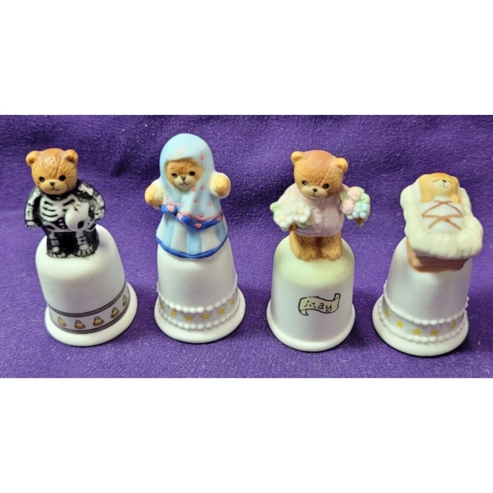 4 Vintage Enesco 1986 Lucy Rigg LR Bear Family Thimbles Figurines Porcelain